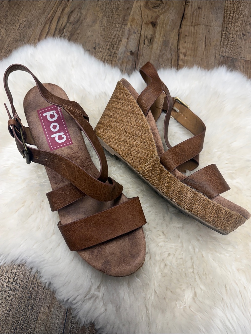 pop Brown strappy Braided Wedge Sandals size 8.5